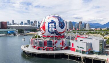 Vancouver&rsquo;s Science World has been transformed into a giant soccer ball for the World Cup. (Destination Vancouver/Jon Ross Films/Science World)