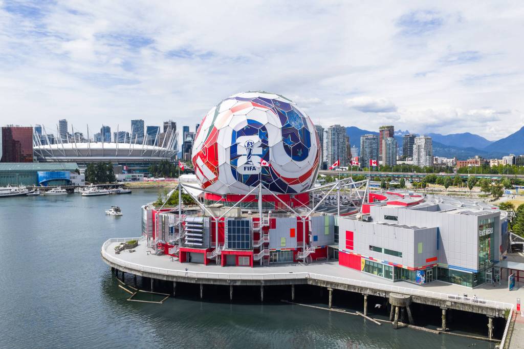 Vancouver&rsquo;s Science World has been transformed into a giant soccer ball for the World Cup. (Destination Vancouver/Jon Ross Films/Science World)