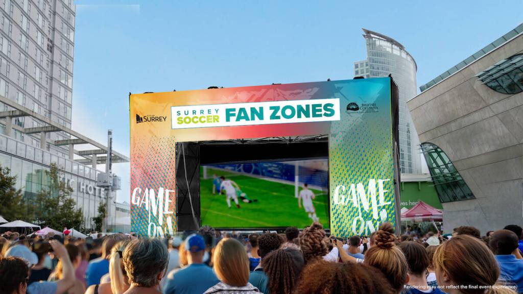 City of Surrey-issued rendering of a Surrey Soccer Fan Zone to be set up at Surrey Civic Plaza for FIFA World Cup 26 matches starting Thursday, June 11, for a month-plus. See listing under Festivals. (Contributed to Surrey Now-Leader)