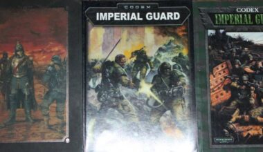 The rules for Warhammer 40,000 evolve across different editions with armies receiving new codexes each edition that outline their rules. Seen here are the 10th edition Imperial Guard Codex, the fourth edition Imperial Guard Codex and the third edition Imperial Guard Codex. (Patrick Davies photo - 100 Mile Free Press)