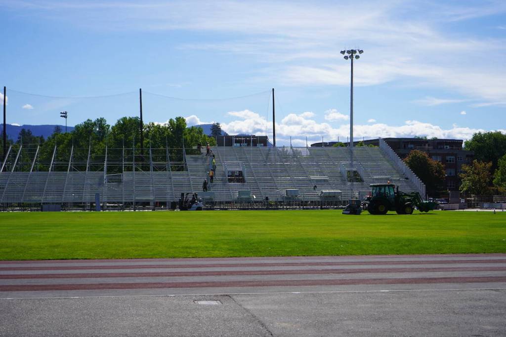 Preparations for CFL games to be played at the Apple Bowl are underway in Kelowna (Brayden Ursel / Black Press)