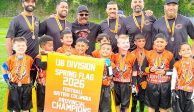 The U8 spring flag team from the Cloverdale Community Football Association pauses for a pic with their provincial championship banner June 7 in Kamloops. The CCFA is now accepting player for their fall flag football program. (Photo submitted to Cloverdale Reporter/Yeera Sami)