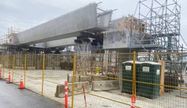 Contractors on the Surrey-Langley SkyTrain project are closing down the intersection of 203 Street and Industrial Avenue again this month to hoist another section of the guideway span into place. This segment was installed on Victoria Day weekend. (Matthew Claxton/Langley Advance Times)