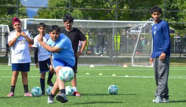 Action at soccer camp led by Jeevan Badwal (pictured at right), David Ousted and Chris Higgins at Newton Athletic Park on Wednesday, June 10, 2026. (Tom Zillich/Surrey Now-Leader)