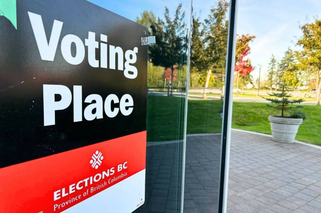 A voting place sign outside Cloverdale Recreation Centre in Surrey on Oct. 10, 2024. (file photo)