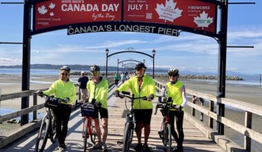 Donna McLean, left, Fran Wolfe, and Joan Donohue flank 83-year-old cyclist Robert Fletcher on the iconic White Rock pier Friday morning (June 12) before he started on an 8,600 cross-Canada journey over the summer. He&rsquo; turns 84 in August, when he&rsquo;ll be in Quebec, according to his travel route. (Tricia Leslie/Peace Arch News)