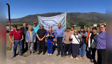 Okanagan Indian Band world champion Brazilian jiu jitsu martial artist Lillian Marchand (centre) meets with band chief and council, displaying her recent medals won at the Gi World Championships in California. (OKIB photo)