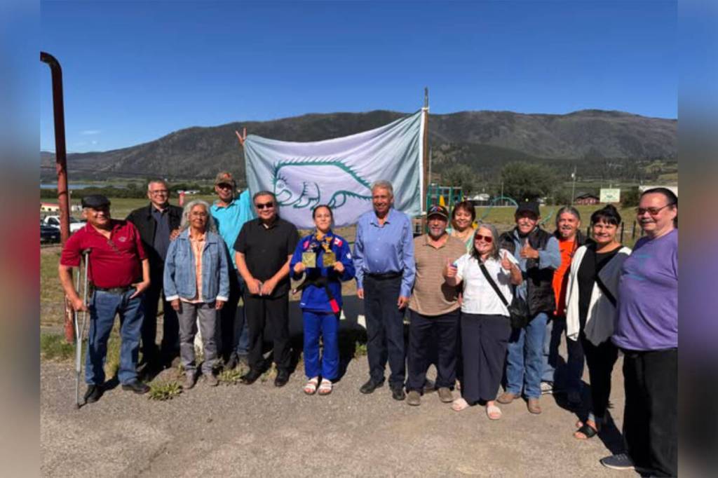 Okanagan Indian Band world champion Brazilian jiu jitsu martial artist Lillian Marchand (centre) meets with band chief and council, displaying her recent medals won at the Gi World Championships in California. (OKIB photo)