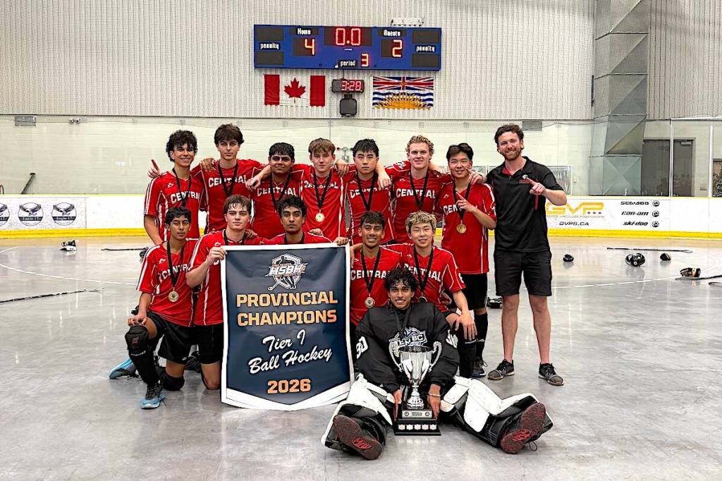 Tier 1 banner winners Burnaby Central Wildcats at the 2026 BC High School Ball Hockey Championships at North Surrey Sport & Ice Complex on Sunday, June 14, 2026. (Contributed to Surrey Now-Leader)