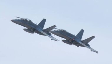 A pair of Canadian CF-18 fighter jets from Cold Lake, Alberta fly a demonstration during the Abbotsford Airshow in Abbotsford, B.C. in August 2026. (Susie Quinn/ Alberni Valley News)