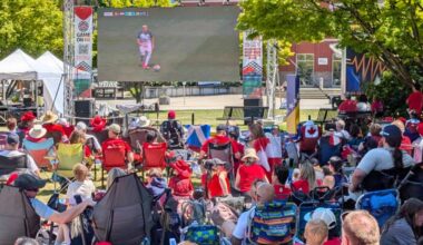Soccer fans brought lawn chairs and blankets and found a spot in front of the 20-foot screen. (Neil Corbett/The News)