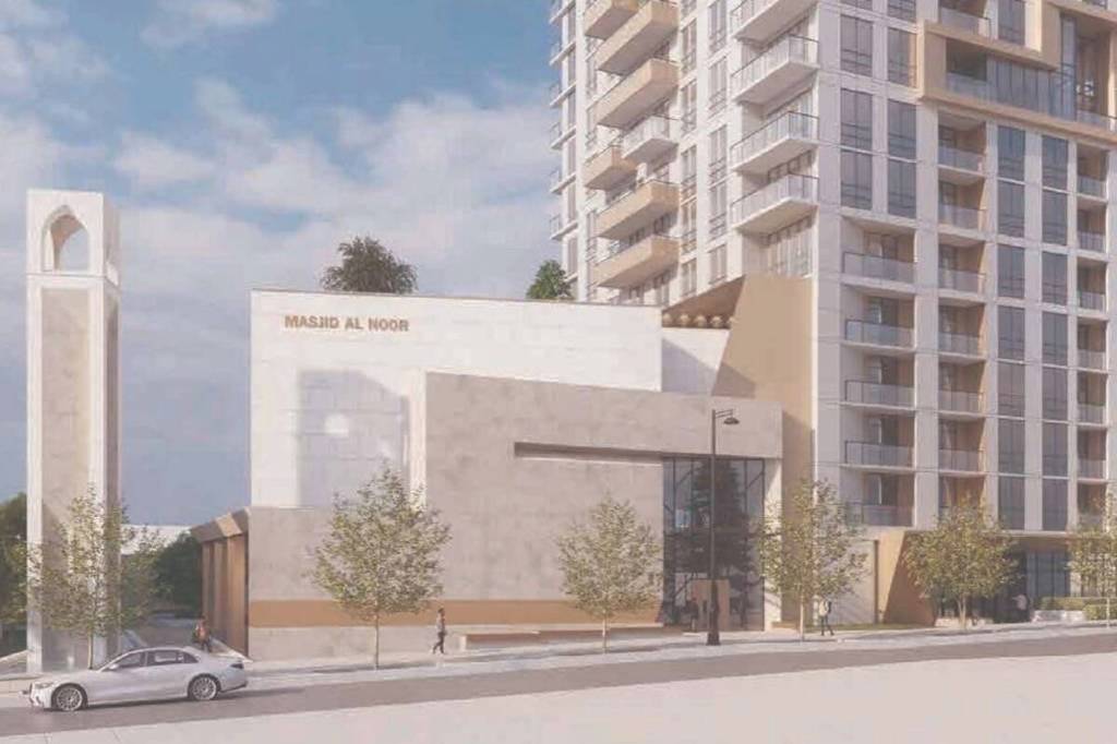 Artist&rsquo;s conception of 38-storey residential tower with 373 dwellings and a 2,029 -square-metre mosque near 135 Street and 98A Avenue in Whalley. (surrey.ca)