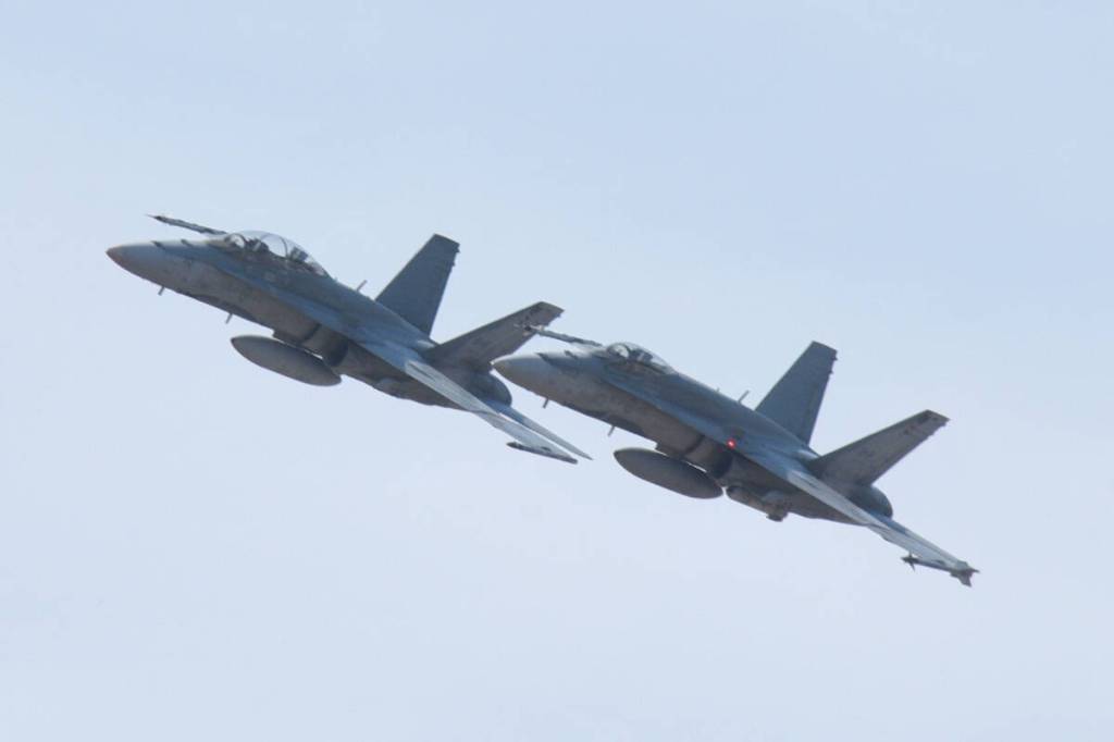 A pair of Canadian CF-18 fighter jets from Cold Lake, Alberta fly a demonstration during the Abbotsford Airshow in Abbotsford, B.C. in August 2026. (Susie Quinn/ Alberni Valley News)