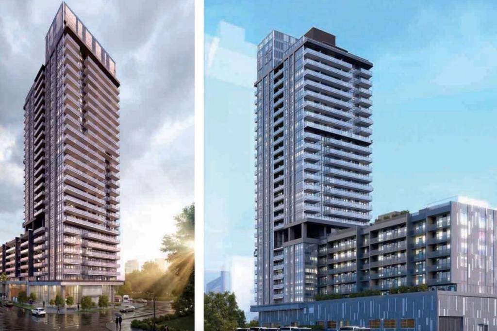 Two artist-rendered views of a 26-storey tower Surrey council approved during its June 15 meeting. (Image: surrey.ca)