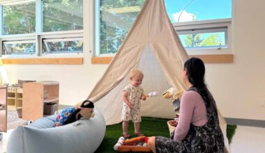 Toddler Oscar and Kylie Van Eaton, childcare space project manager, at Bridgeview Community Centre in Surrey on Tuesday, June 16, 2026. (Tom Zillich/Surrey Now-Leader)
