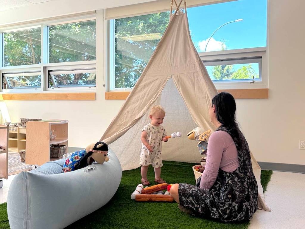 Toddler Oscar and Kylie Van Eaton, childcare space project manager, at Bridgeview Community Centre in Surrey on Tuesday, June 16, 2026. (Tom Zillich/Surrey Now-Leader)