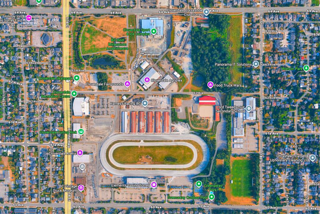 The Cloverdale Business Improvement Association has launched a new survey, in conjunction with the Cloverdale Community Association, to find out what people want the Cloverdale Fairgrounds to look like in the future. (Image via Google Maps)