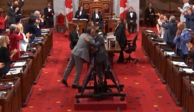 Standing ovation in the Senate as Bailey&rsquo;s Law receives third reading on June 16. (ParlVU)