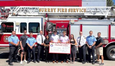 Four Surrey students and firefighters with a prop cheque for $10,000 in scholarships following the 2026 Surrey Fire Fighters Youth Academy. (Contributed to Surrey Now-Leader)