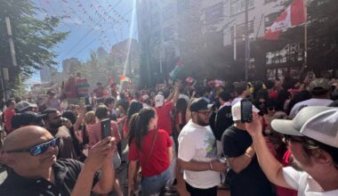 Revellers pour onto Granville Street after Canada crushed Qatar 6-0 in FIFA World Cup action June 18. (Lauren Collins/Black Press Media)