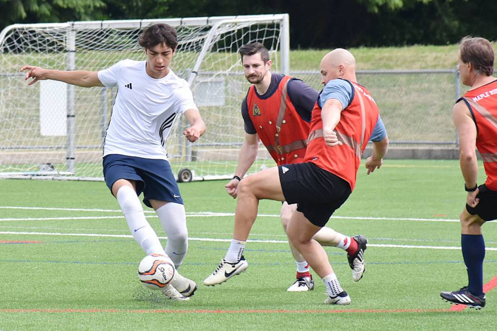 Students in Westview Secondary&rsquo;s Soccer Academy took on the Maple Ridge RCMP and other first responders in the inaugural United Youth Soccer Classic tournament, put on to build relationships between police and youth in the community. (Colleen Flanagan/The News)