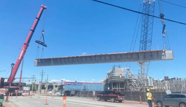 A segment of the Surrey-Langley SkyTrain guideway was hoisted into place across 203 Street on Wednesday, June 17. (Matthew Claxton/Langley Advance Times)