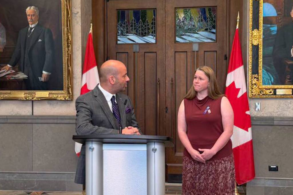 Frank Caputo and spokesperson and family member of Bailey McCourt Debbie Henderson during a press conference on Bill C-225 which received Royal Assent on June 17. (Frank Caputo/Facebook)