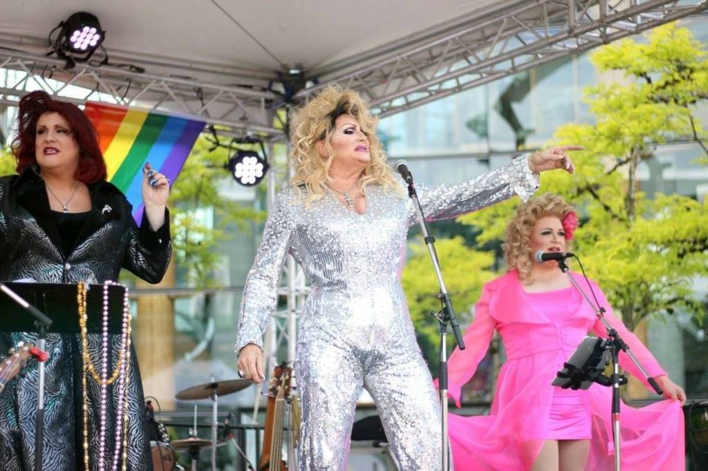 Drag performers at Surrey Pride Festival, which returns to Central City Shopping Centre plaza for the 2026 event this Saturday, June 20. See listing under Festivals/Fairs. (File photo: Lauren Collins)