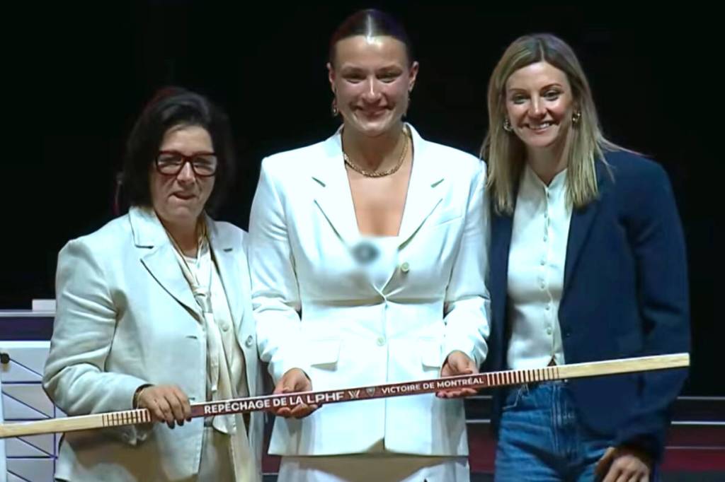 Abbotsford&rsquo;s Hailey MacLeod (middle) was chosen 48th overall by the Montreal Victoire at the 2026 PWHL Draft. (YouTube capture)