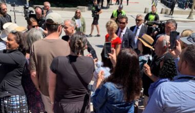 A Vernon father and his daughter happened to be outside as the swearing-in of Canada&rsquo;s new Governor-General wrapped up in Ottawa Monday, June 8, when Prime Minister Mark Carney (centre) and wife Diana (red) joined the crowd and chatted with the Okanagan duo. (Contributed)