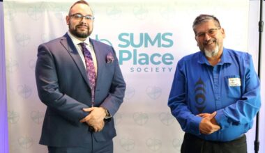 William Myers, CEO of SUMS Place Society, left, with Kwikwetlem First Nation elder Xem-Tu-Mus (Stephen Armstrong) at Civic Hotel in Surrey on June 18, 2026. (Contributed to Surrey Now-Leader)