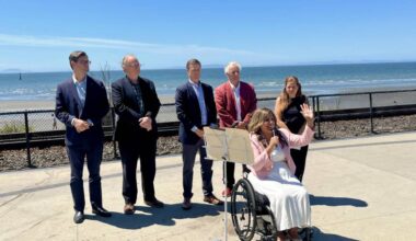 Together for White Rock made a team slate announcement Friday (June 19) in front of the city&rsquo;s iconic pier, with Susan Bains (speaking) running for mayor in the Oct. 17 municipal election. (Tricia Leslie/Peace Arch News)