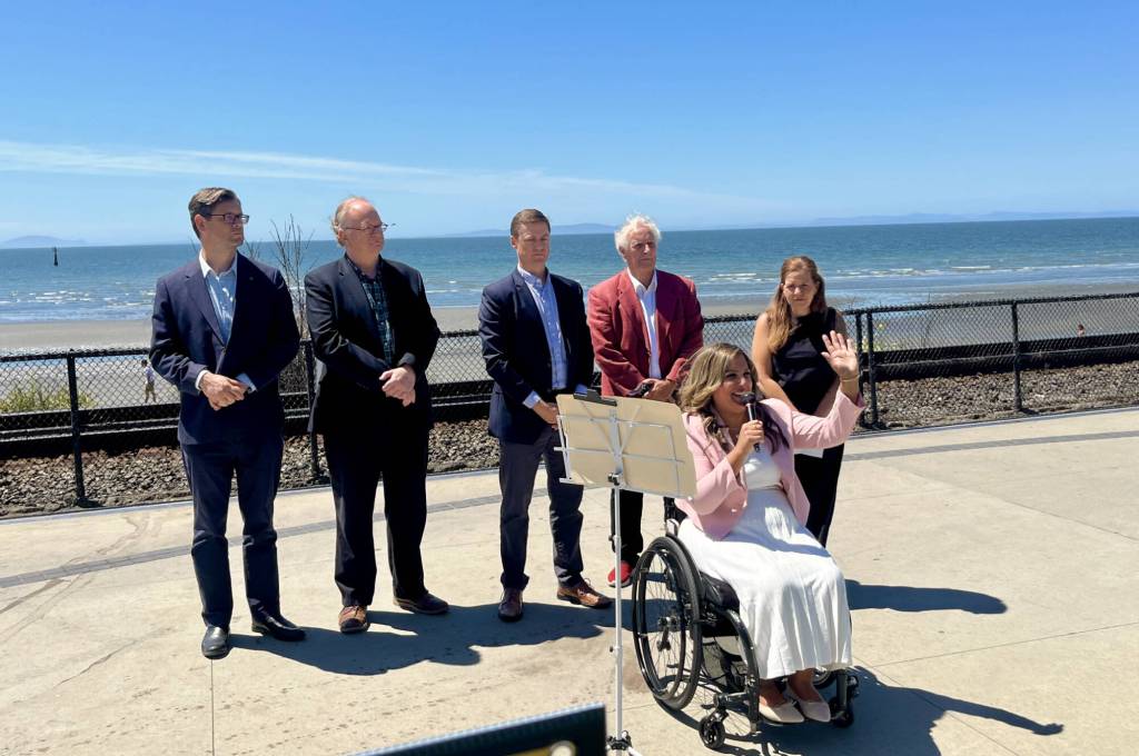 Together for White Rock made a team slate announcement Friday (June 19) in front of the city&rsquo;s iconic pier, with Susan Bains (speaking) running for mayor in the Oct. 17 municipal election. (Tricia Leslie/Peace Arch News)