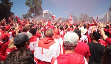 Canadian fans gather near Science World to march the last mile to BC Place ahead of the Canada vs. Qatar match on June 18, 2026. (Lauren Collins/Black Press Media)