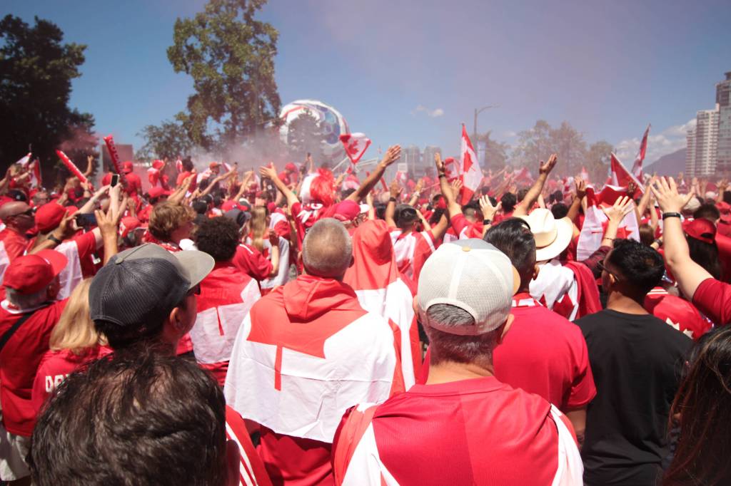 Canadian fans gather near Science World to march the last mile to BC Place ahead of the Canada vs. Qatar match on June 18, 2026. (Lauren Collins/Black Press Media)