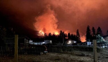 An overnight photo of the Saw Creek wildfire near Lytton, which began on June 19, 2026. (Nicholas Kirszenstein/Facebook)