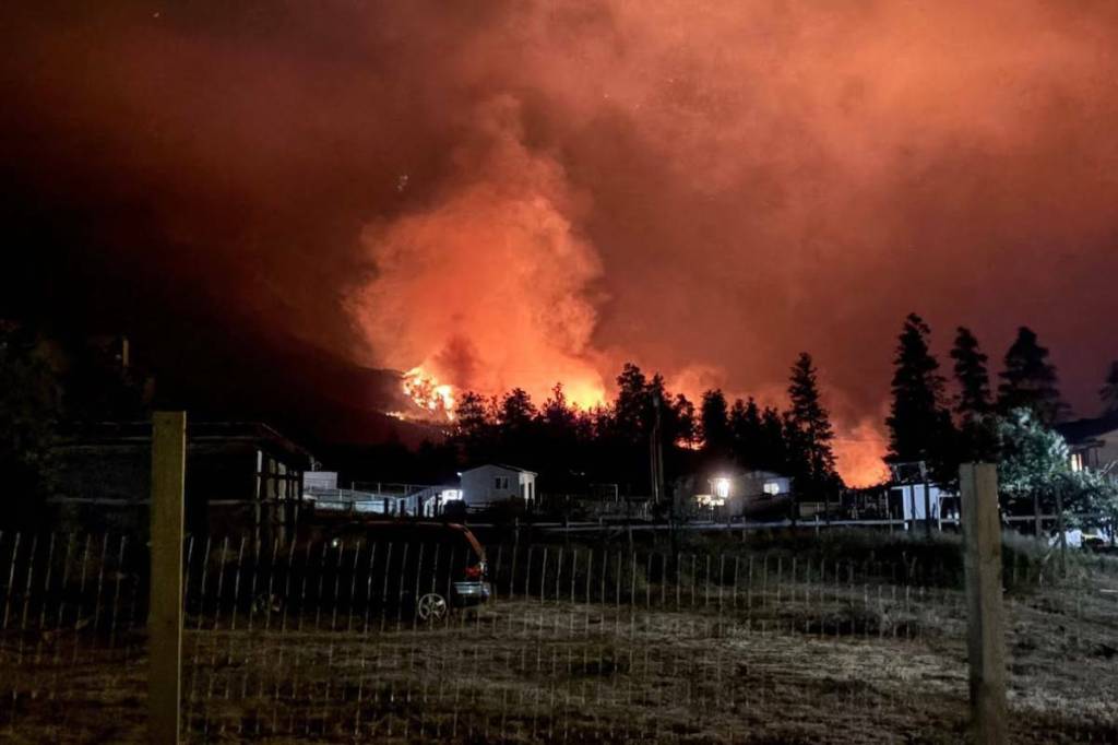 An overnight photo of the Saw Creek wildfire near Lytton, which began on June 19, 2026. (Nicholas Kirszenstein/Facebook)