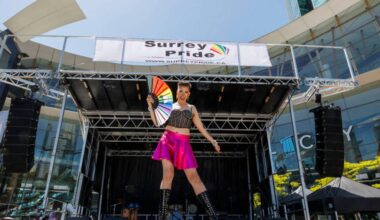 Qween Cici performing at Surrey Pride festival at Central City mall in Surrey on Saturday, June 20, 2026. (Anna Burns/ Surrey Now-Leader)
