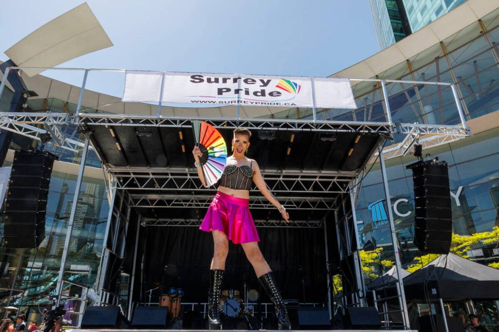 Qween Cici performing at Surrey Pride festival at Central City mall in Surrey on Saturday, June 20, 2026. (Anna Burns/ Surrey Now-Leader)