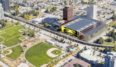 An &ldquo;early concept&rdquo; drawing of proposed arena in Surrey City Centre, adjacent to Chuck Bailey Recreation Centre at Tom Binnie Park, across from ball fields at Whalley Athletic Park. Shown in January 2026 on City of Surrey website, surrey.ca.