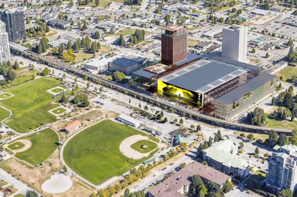 An &ldquo;early concept&rdquo; drawing of proposed arena in Surrey City Centre, adjacent to Chuck Bailey Recreation Centre at Tom Binnie Park, across from ball fields at Whalley Athletic Park. Shown in January 2026 on City of Surrey website, surrey.ca.