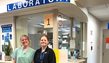 Medical lab assistants Hannah Green and Lily Squire at CDH lab. (Courtesy of Island Health)