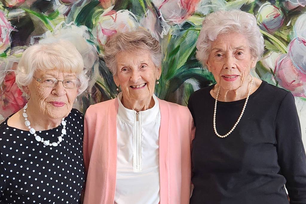 Oceana PARC residents Rose Ball, left, Willa Tweed and Evelyn Houston celebrated their 100th birthdays on June 11 in White Rock. (Contributed to Peace Arch News)