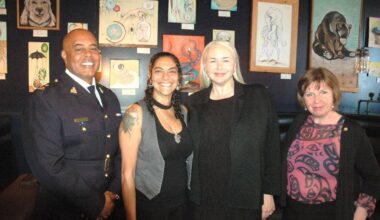 Government officials, RCMP officers and local business owners were on hand at the Nanaimo Bar lounge on June 22 for the announcement that the province is investing $16 million over two years for a program targeting repeat property crime offenders. Pictured, from left, are Insp. Donavan Tait, from The Nanaimo RCMP, Sonia Komen, owner/operator of The Nanaimo Bar, Public Safety Minister and Solicitor General Nina Krieger, and Shiela Malcolmson, MLA for Nanaimo-Gabriola. (Robert Barron/Nanaimo Bulletin)