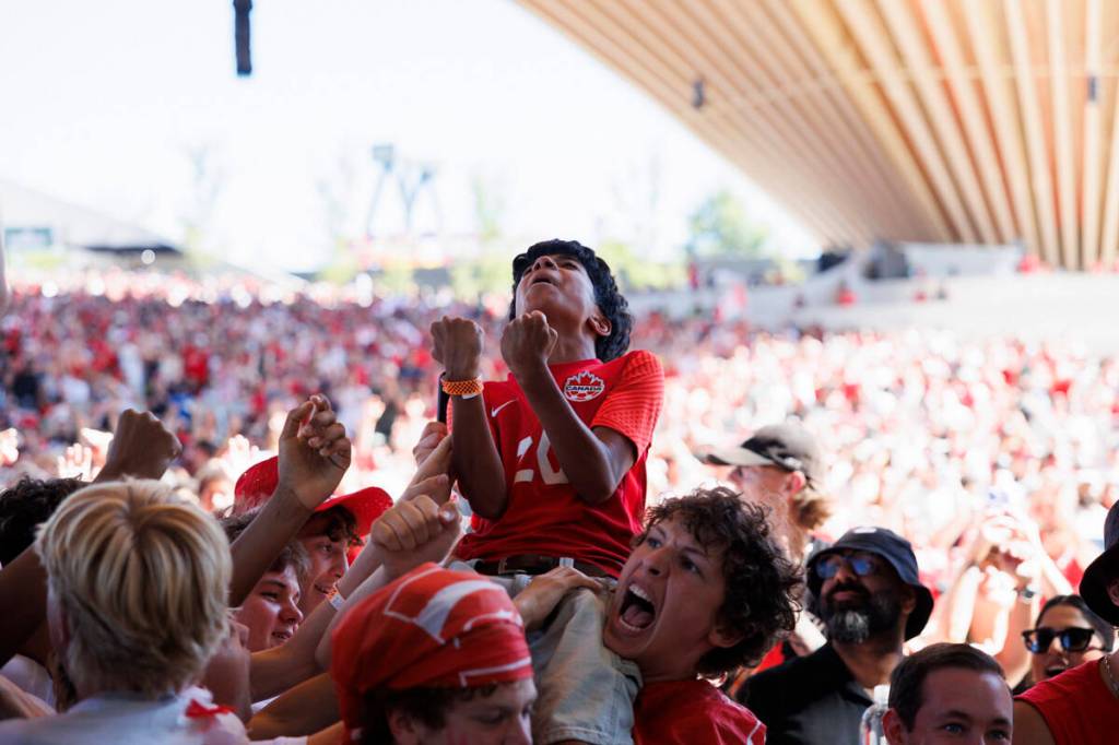 Canada supporters hope to experience the same euphoria as they did against Qatar on June 18. Pictured here, fans at the FIFA Fan Zone in the Amphitheatre at the PNE in Vancouver on June 18. (Anna Burns/ Black Press Media)