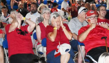 Soccer fans (from left): Judy Johnson, Nancy Berdej, and Leo Berdej, react as Canada almost scores on Switzerland during the first half of the World Cup game at a watch party hosted by the City of Pitt Meadows. (Colleen Flanagan/The News)