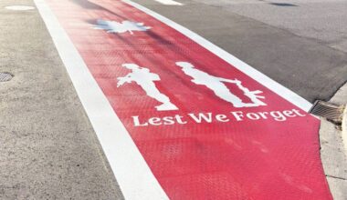 A new crosswalk in downtown Penticton at the intersection of Lakeshore Drive and Veterans Way that pays tribute to Canada&rsquo;s armed forces. (City of Penticton photo)