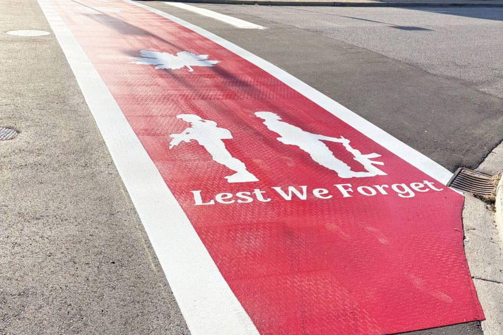 A new crosswalk in downtown Penticton at the intersection of Lakeshore Drive and Veterans Way that pays tribute to Canada&rsquo;s armed forces. (City of Penticton photo)