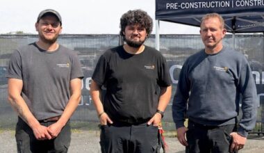 From left, Miles Gillespie, Maksym (Maks) Osaulenko and Eric Meyers are Companion Construction employees doing a Leap of Faith skydive fundraiser in Abbotsford on July 9, 2026. (Contributed to Surrey Now-Leader)
