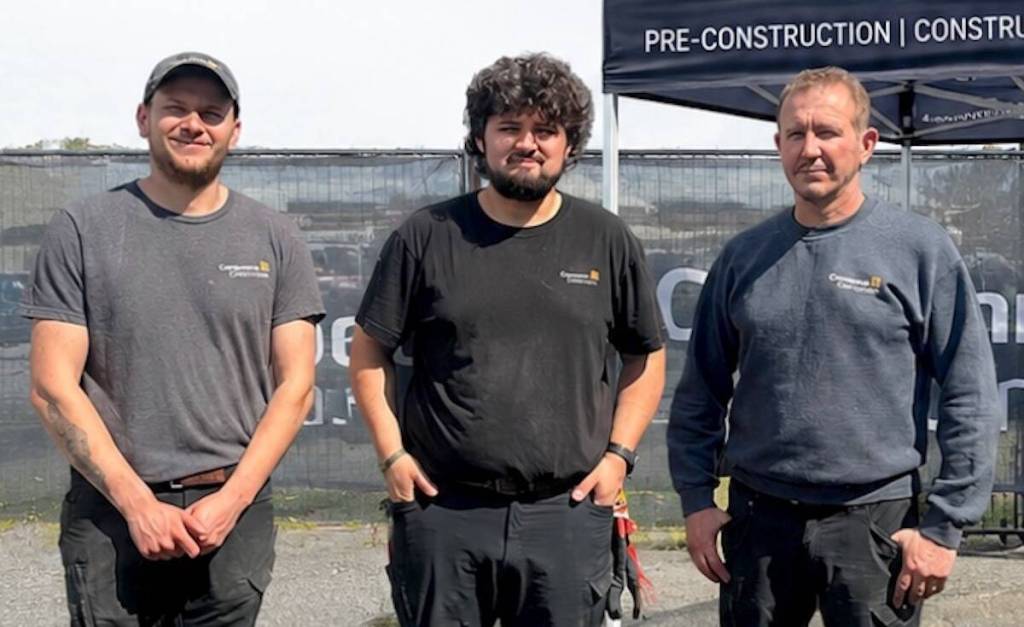 From left, Miles Gillespie, Maksym (Maks) Osaulenko and Eric Meyers are Companion Construction employees doing a Leap of Faith skydive fundraiser in Abbotsford on July 9, 2026. (Contributed to Surrey Now-Leader)